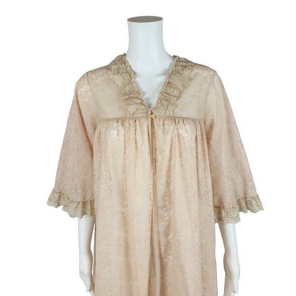 Vintage 60s Lace Robe Beige Pink Nylon Babydoll Deadstock Lingerie - Picture 2 of 10